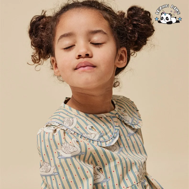 LEZONKIDS - Vestidos Personalizáveis de Alta Qualidade para Meninas com Mangas Longas para Primavera e Outono com Impressão de Cisne e Listras Azuis